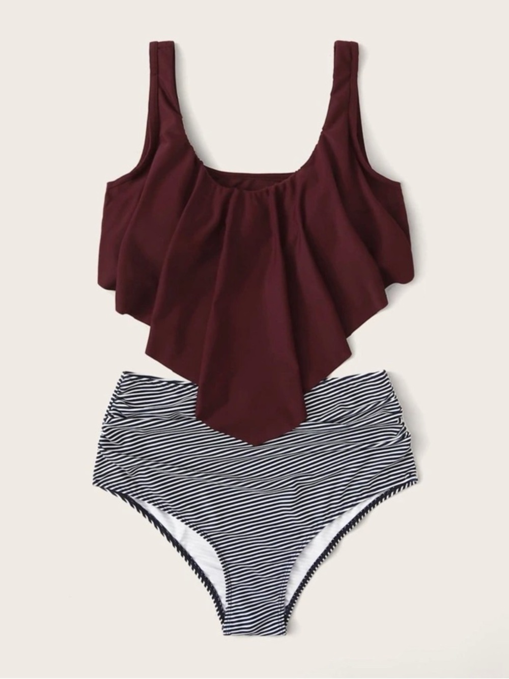 Navy Stripe & Burgundy Two-Piece Swim Set